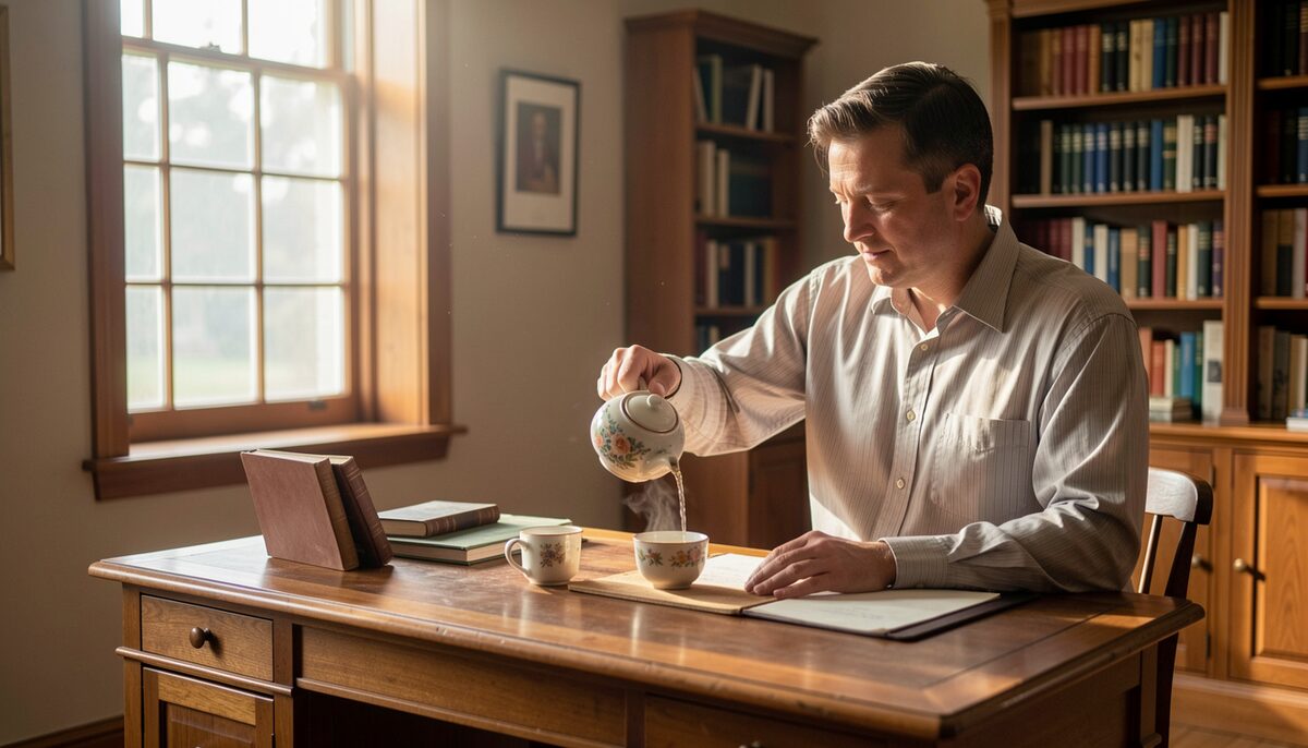 A pastor pours tea in a sunlit church office with a wooden desk and window.