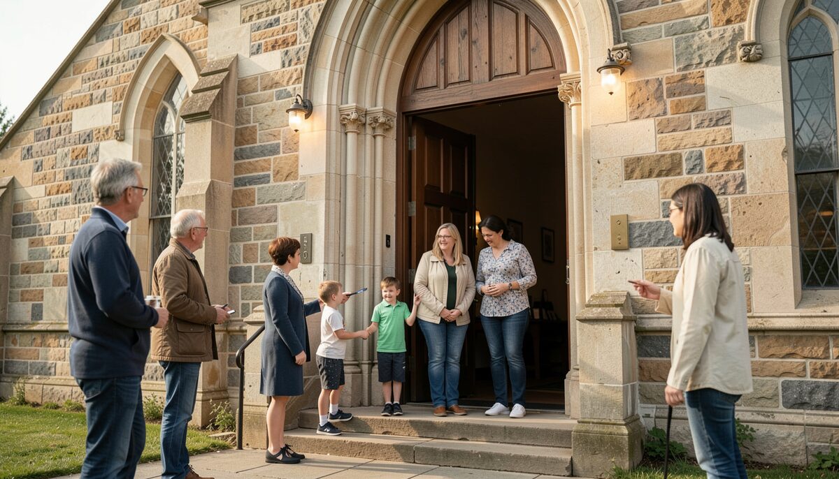 Greeters welcome a young family at the open doors of a stone church on Sunday morning.