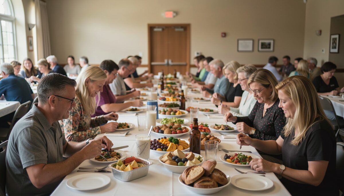 A congregation shares a potluck meal at long tables inside a fellowship hall.