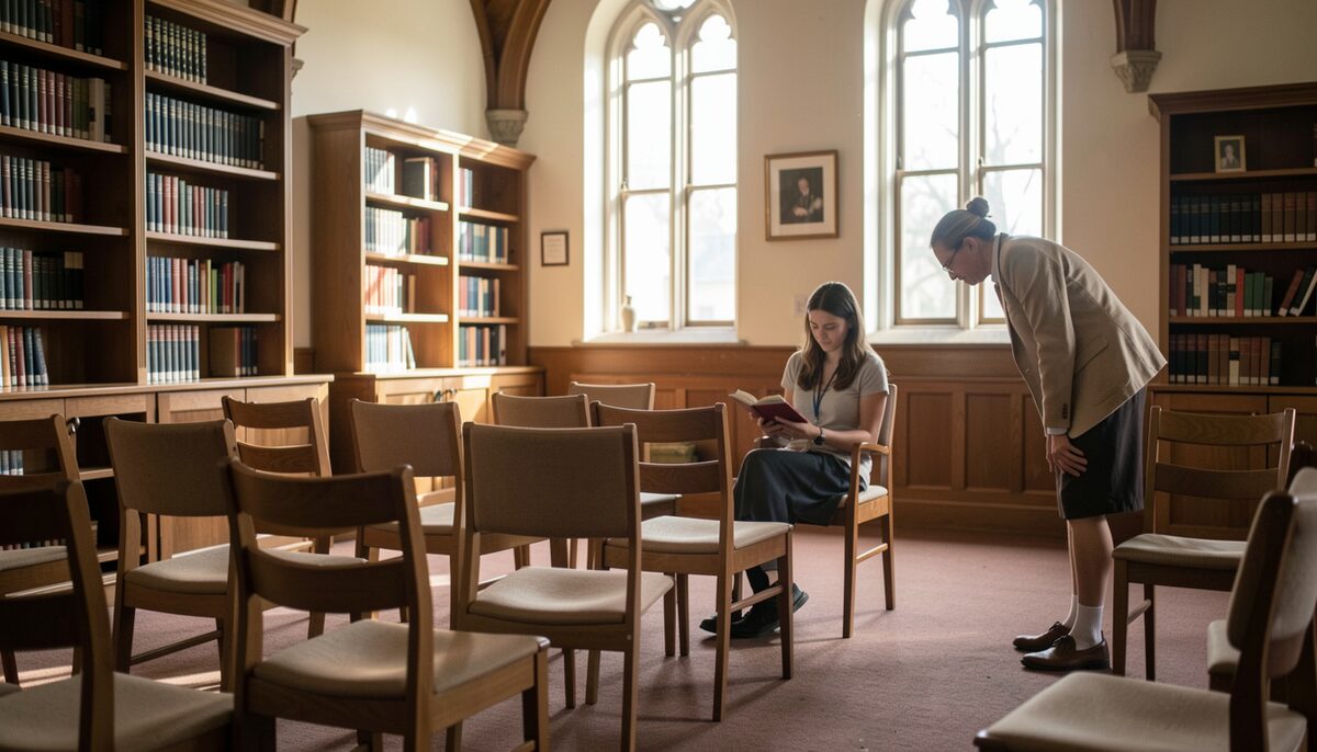 A Christian educator arranges chairs in a quiet church library bathed in window light.