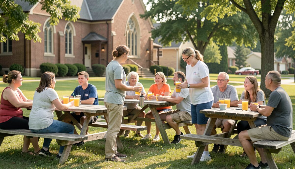 Volunteers serve lemonade to neighbors at picnic tables on a church lawn in summer.