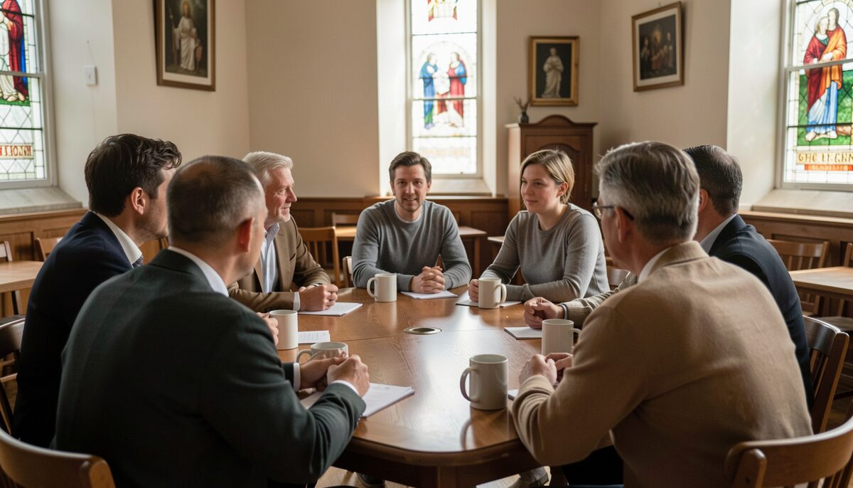 Committee members talk around a table with mugs in a church meeting room.