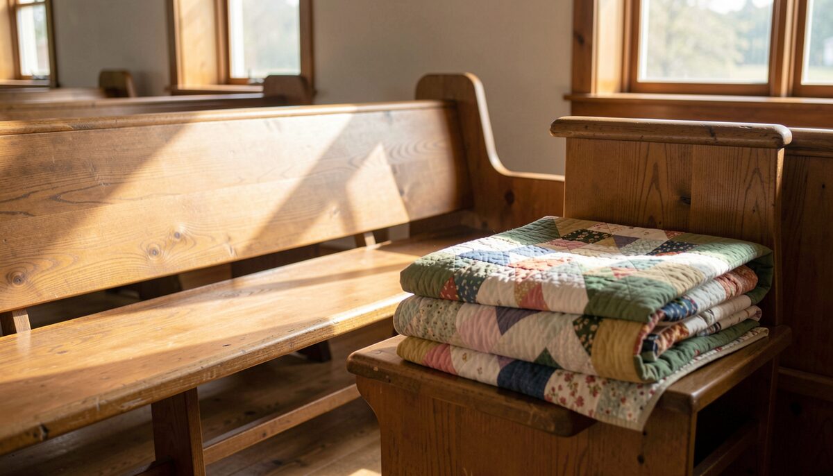Morning light falls across an empty wooden pew beside a folded quilt.